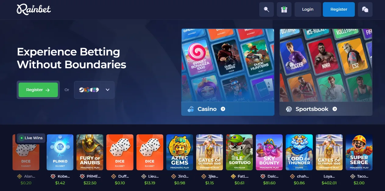 Rainbet homepage showing the account registration controls and casino game catalog